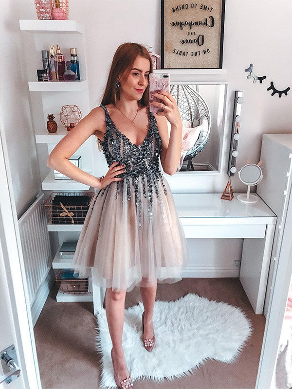 Vestidos cortos/mini de tul, sin mangas, con escote en V y lentejuelas, corte A/princesa